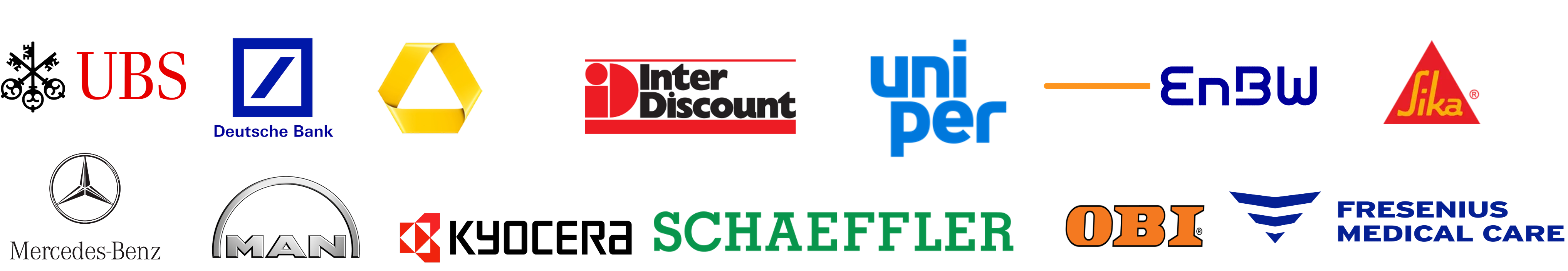 Kundenlogos: UBS, Deutsche Bank, Commerzbank, InterDiscount, Uniper, EnBW, e.on, Mercedes-Benz, MAN, Koenig & Bauer, Schaeffler, OBI, Fresenius Medical Care